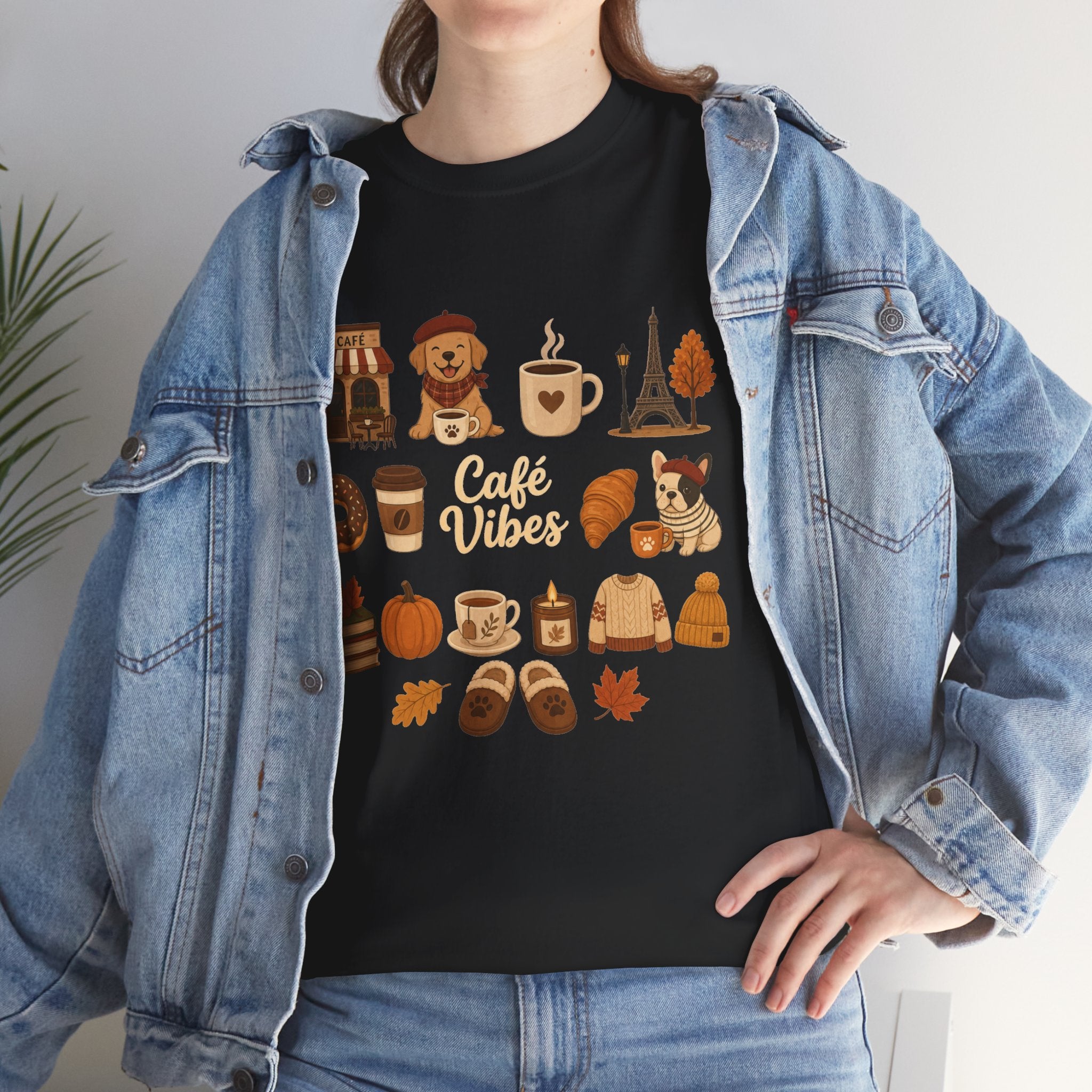 Cafe Vibes Tee — Cozy Autumn Coffee, Dogs & Pumpkin Graphic T-Shirt