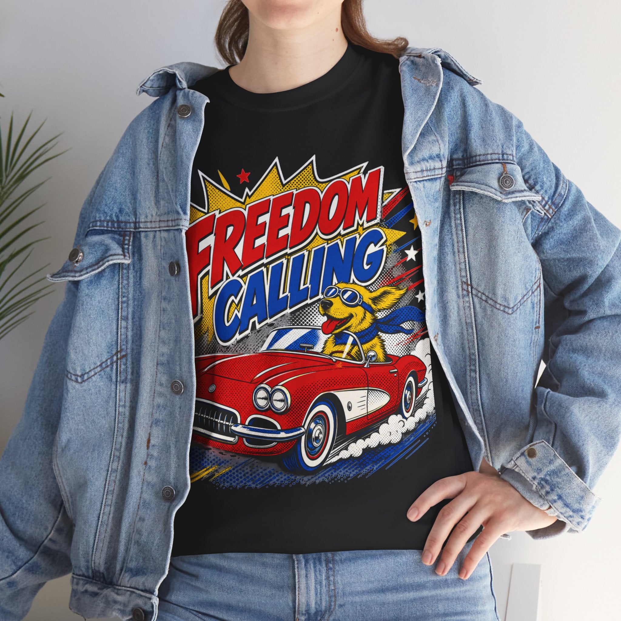 Freedom Calling Retro Cartoon Corvette Patriotic Tee