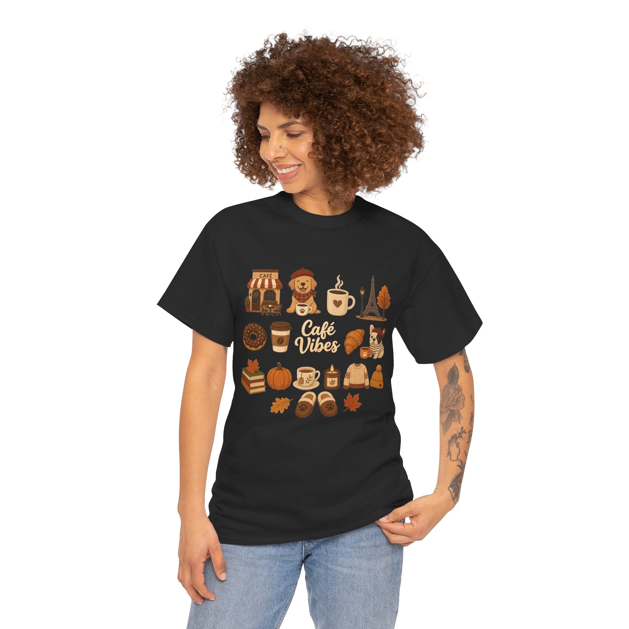 Cafe Vibes Tee — Cozy Autumn Coffee, Dogs & Pumpkin Graphic T-Shirt