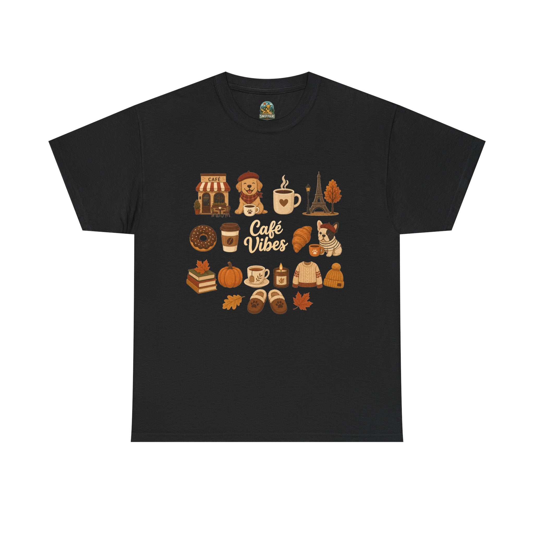 Cafe Vibes Tee — Cozy Autumn Coffee, Dogs & Pumpkin Graphic T-Shirt