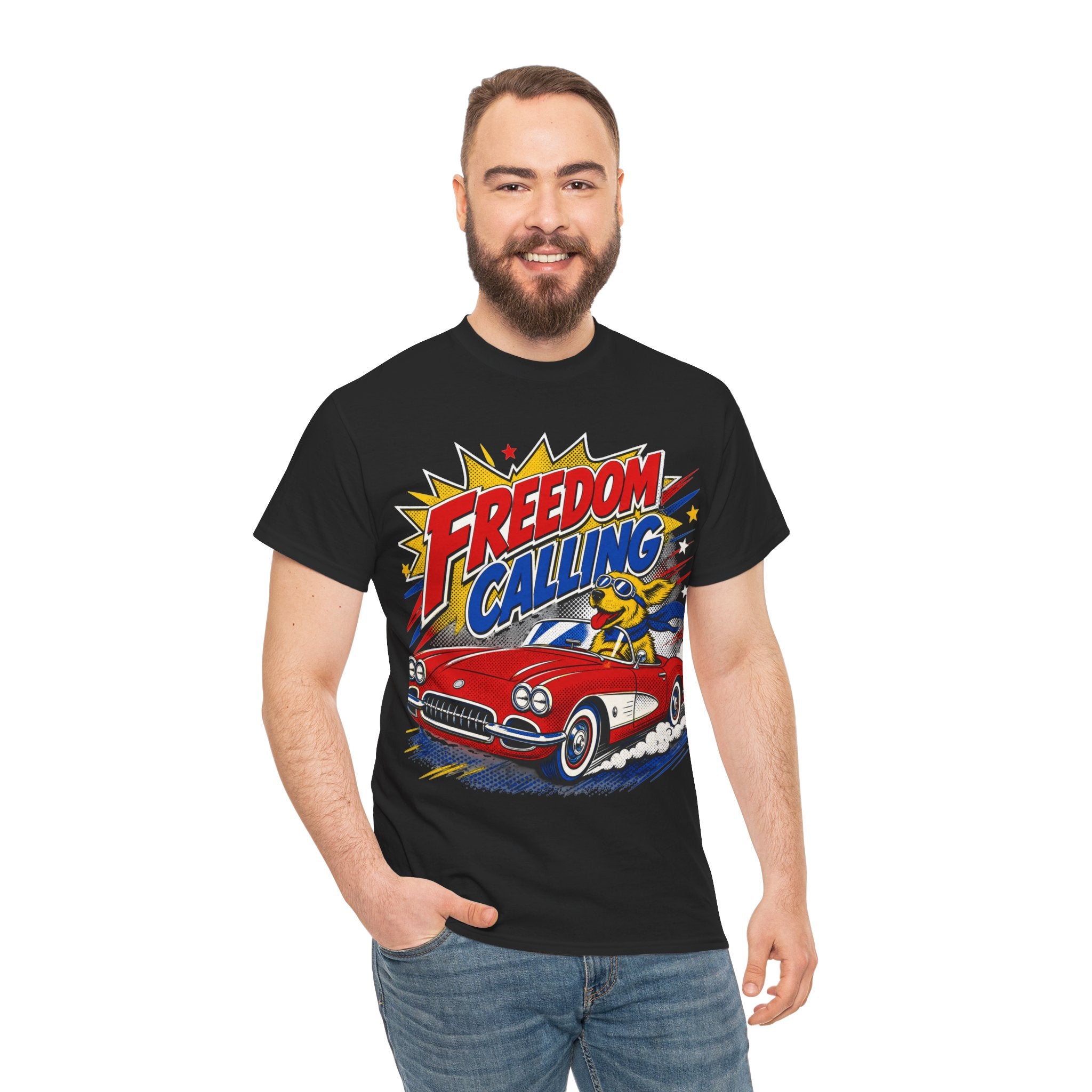 Freedom Calling Retro Cartoon Corvette Patriotic Tee