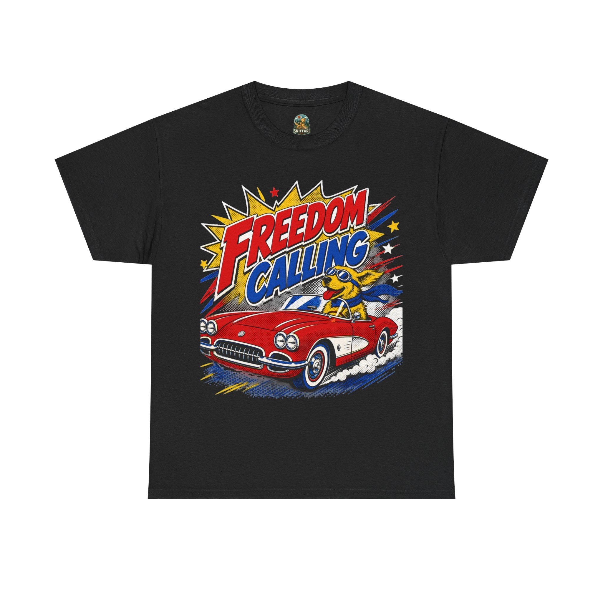 Freedom Calling Retro Cartoon Corvette Patriotic Tee