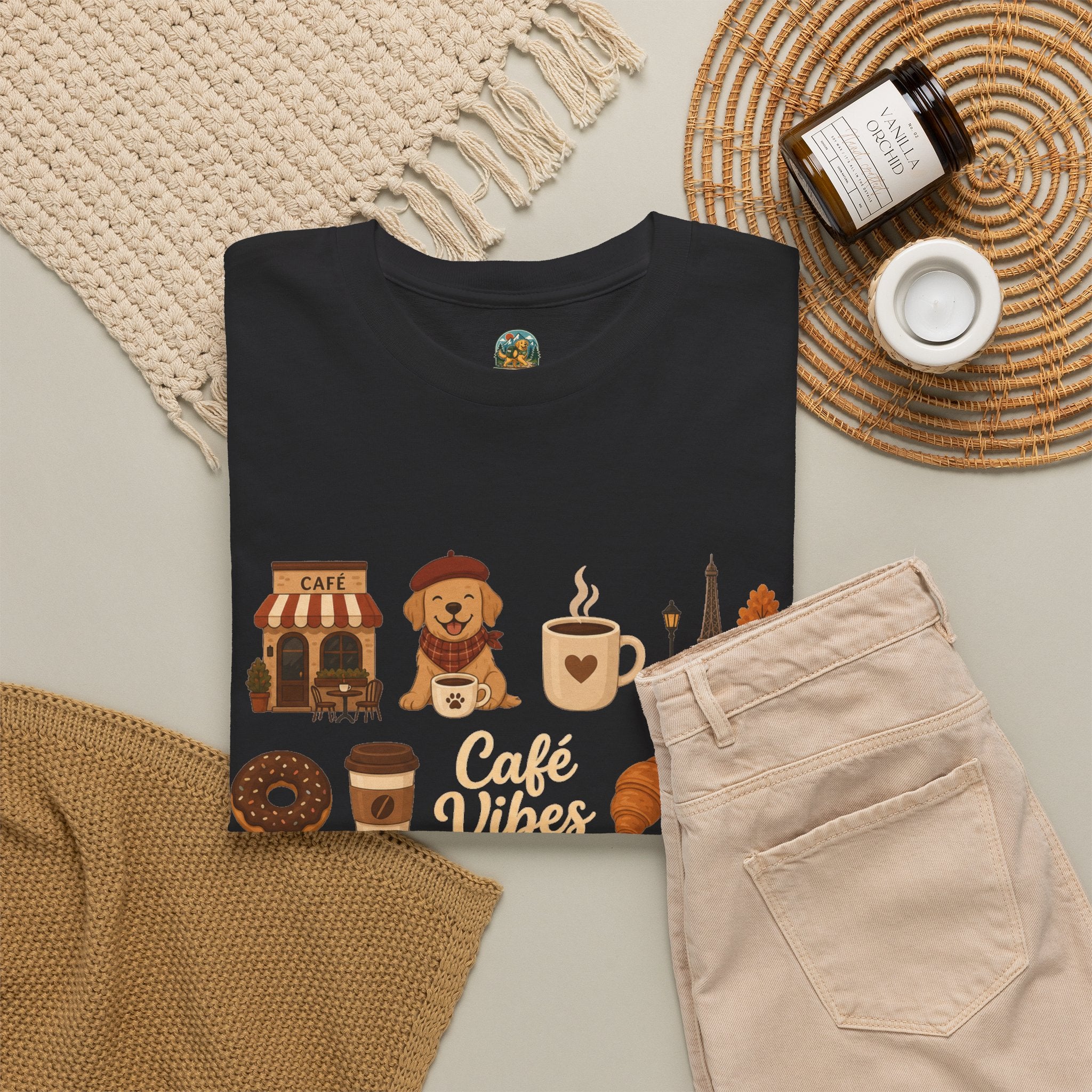 Cafe Vibes Tee — Cozy Autumn Coffee, Dogs & Pumpkin Graphic T-Shirt