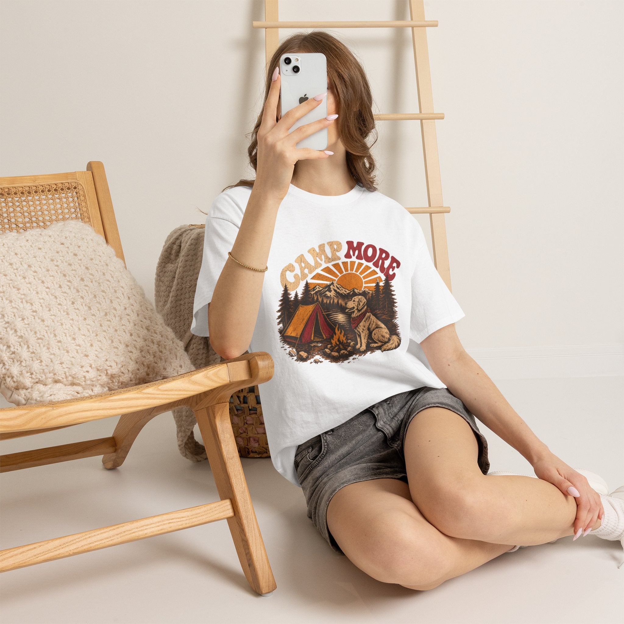 Camp More Camping T-Shirt — Retro Sunset Tent & Dog Outdoor Tee