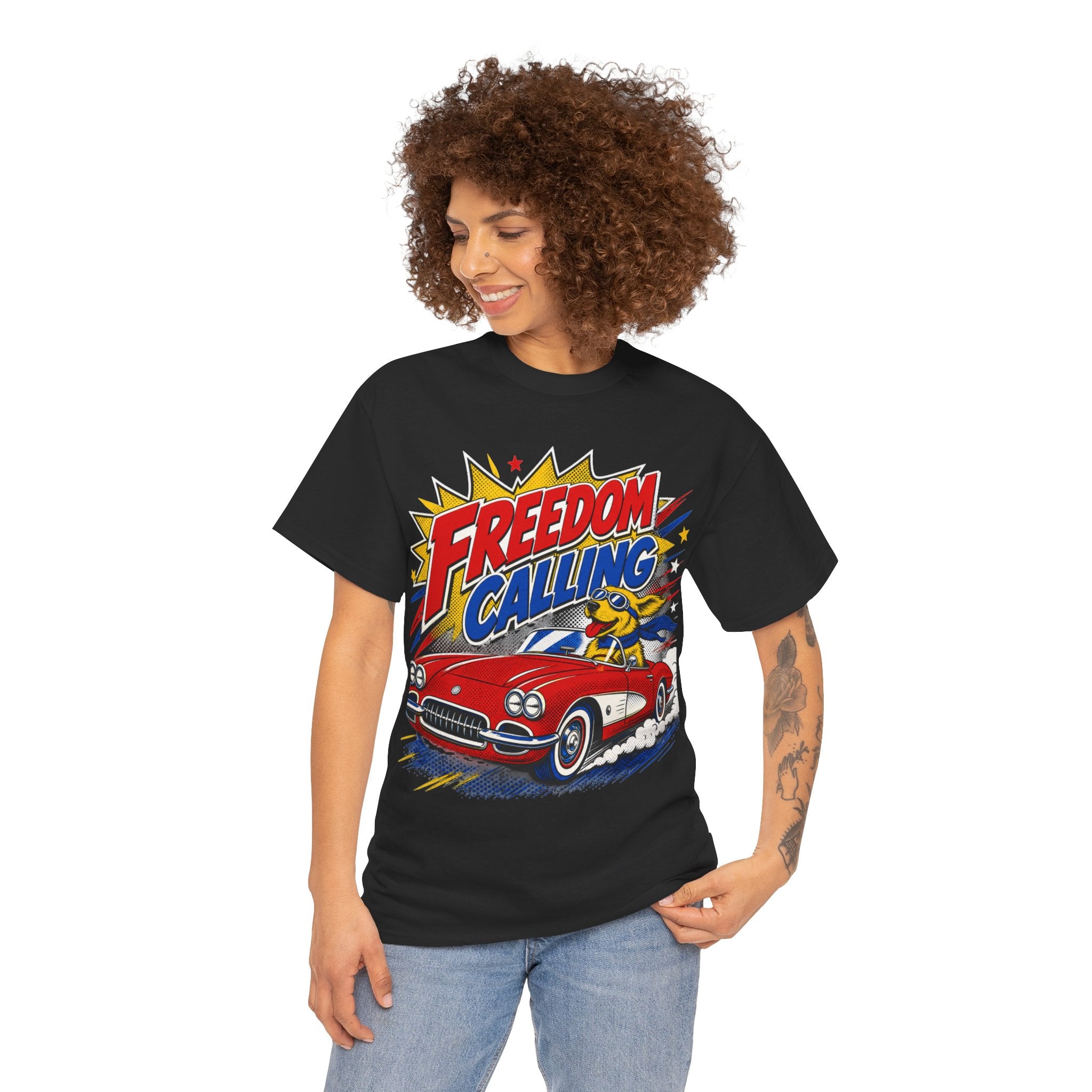 Freedom Calling Retro Cartoon Corvette Patriotic Tee