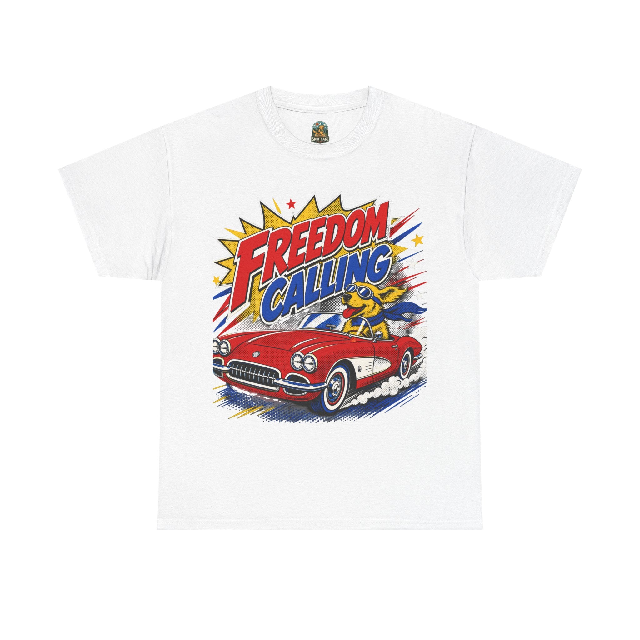 Freedom Calling Retro Cartoon Corvette Patriotic Tee