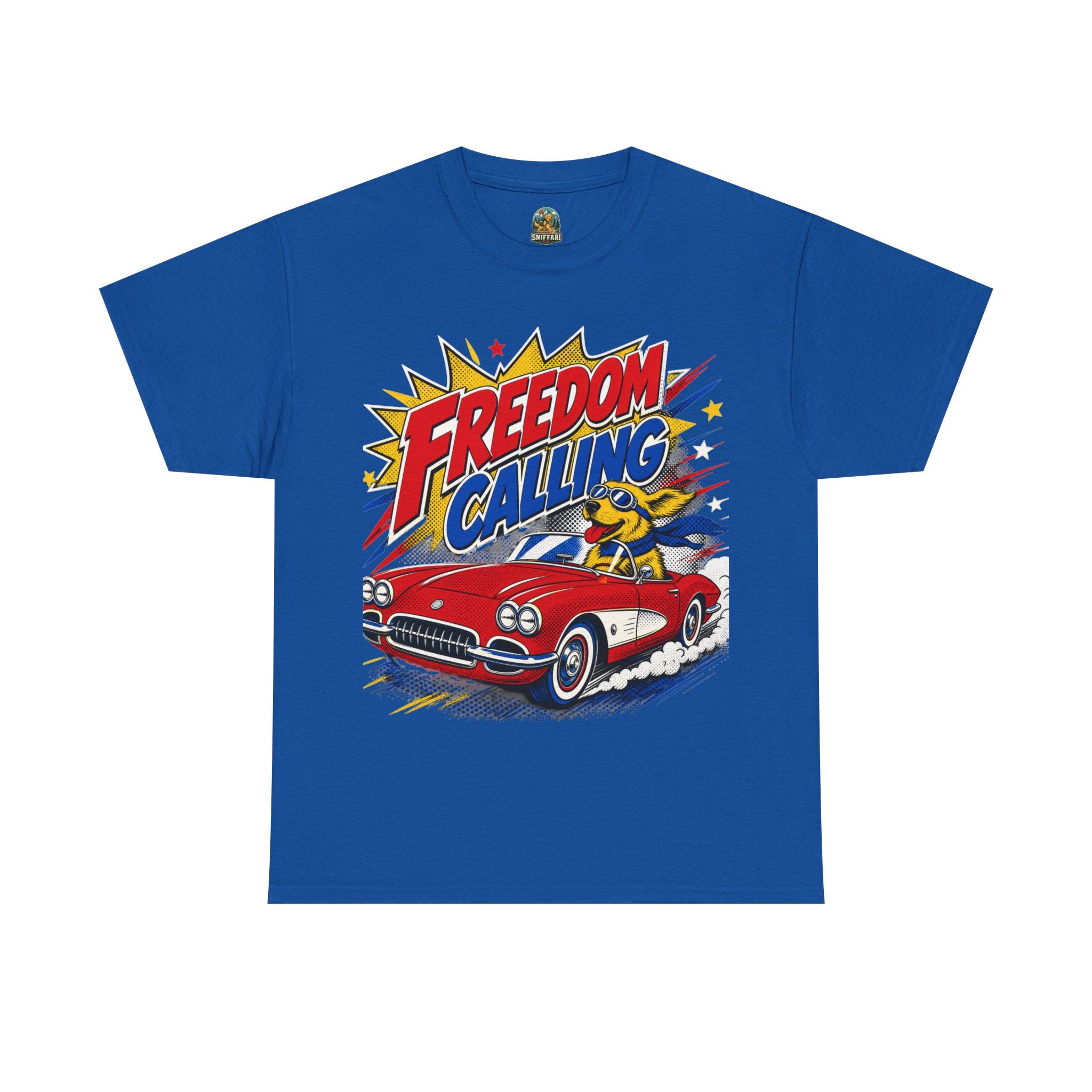 Freedom Calling Retro Cartoon Corvette Patriotic Tee