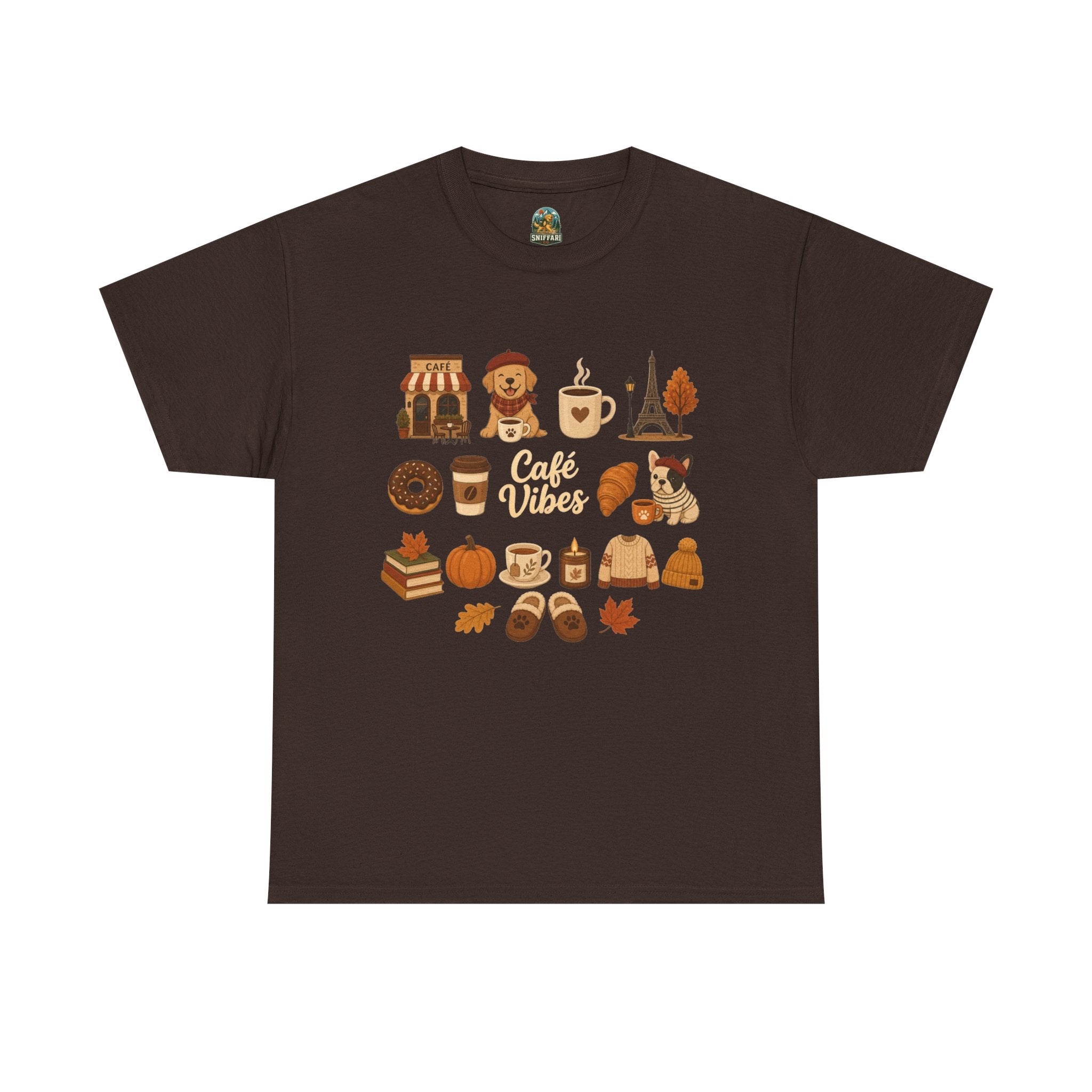 Cafe Vibes Tee — Cozy Autumn Coffee, Dogs & Pumpkin Graphic T-Shirt