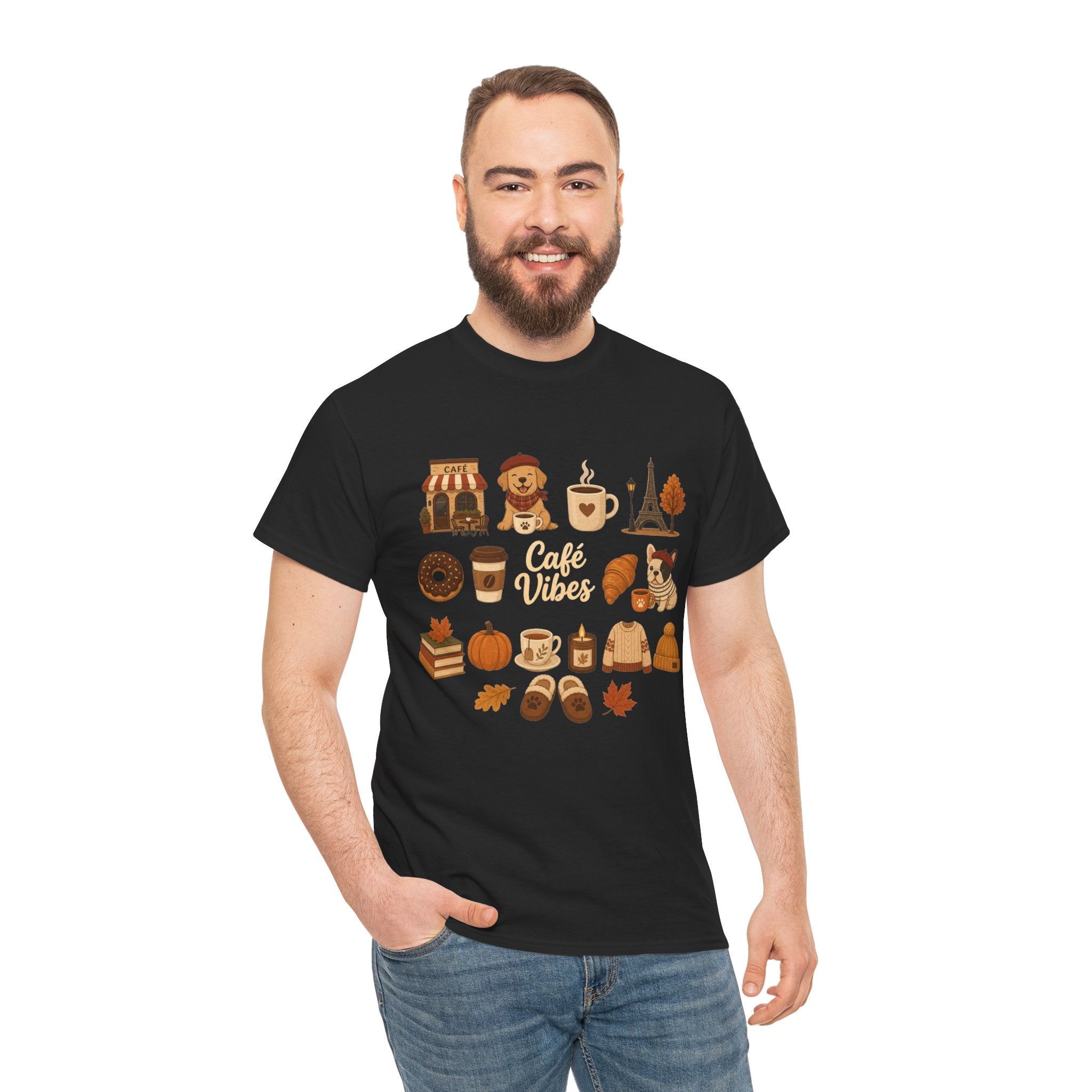 Cafe Vibes Tee — Cozy Autumn Coffee, Dogs & Pumpkin Graphic T-Shirt